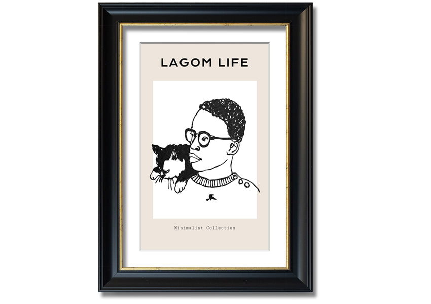 Framed print of a man and cat, handmade in the UK, available in various frame colours.