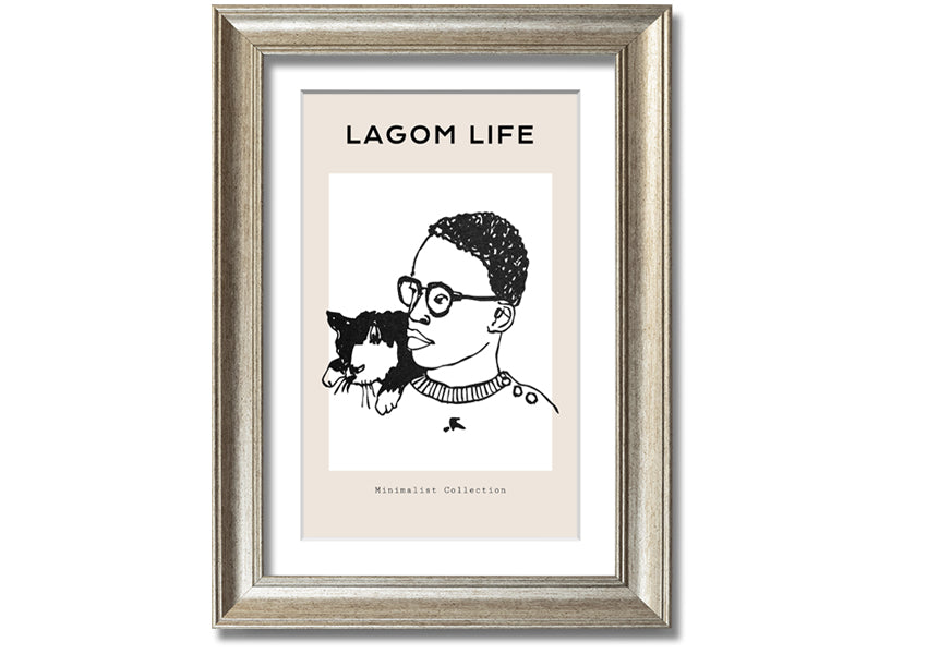 Framed print of a man and cat, handmade in the UK, available in various frame colours.