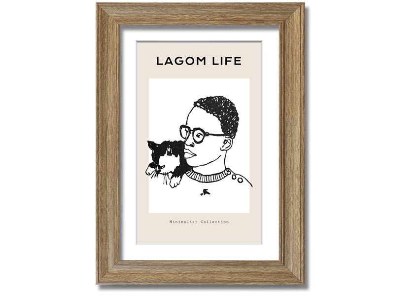 Framed print of a man and cat, handmade in the UK, available in various frame colours.