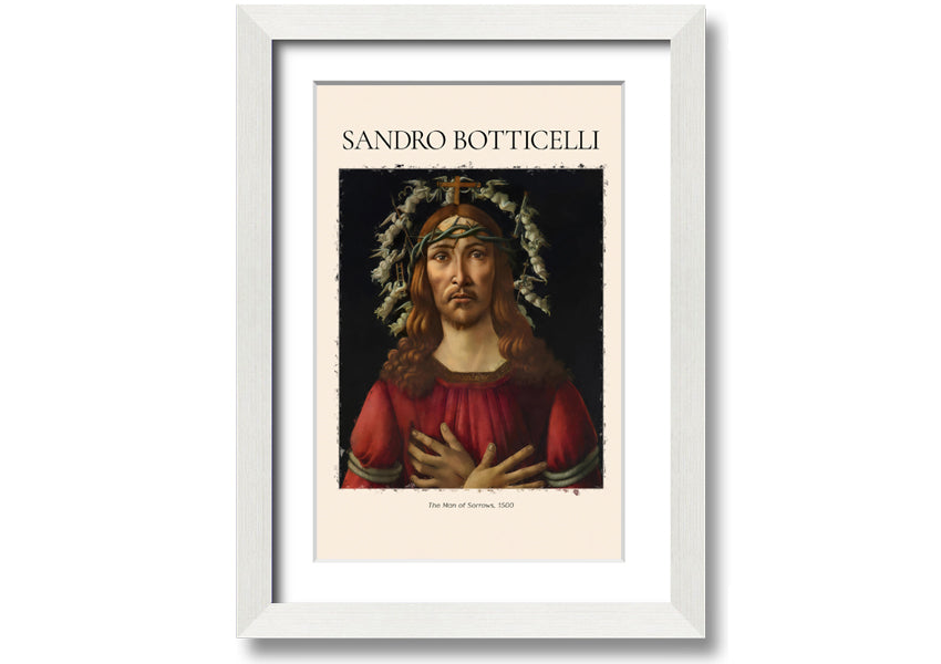 A detailed canvas print of 'The Man Of Sorrows' by Sandro Botticelli, showcasing vibrant colors and emotional depth, mounted on a sturdy box frame.