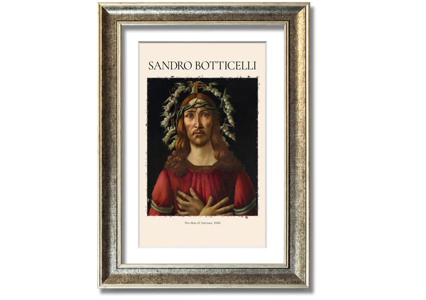 A detailed canvas print of 'The Man Of Sorrows' by Sandro Botticelli, showcasing vibrant colors and emotional depth, mounted on a sturdy box frame.