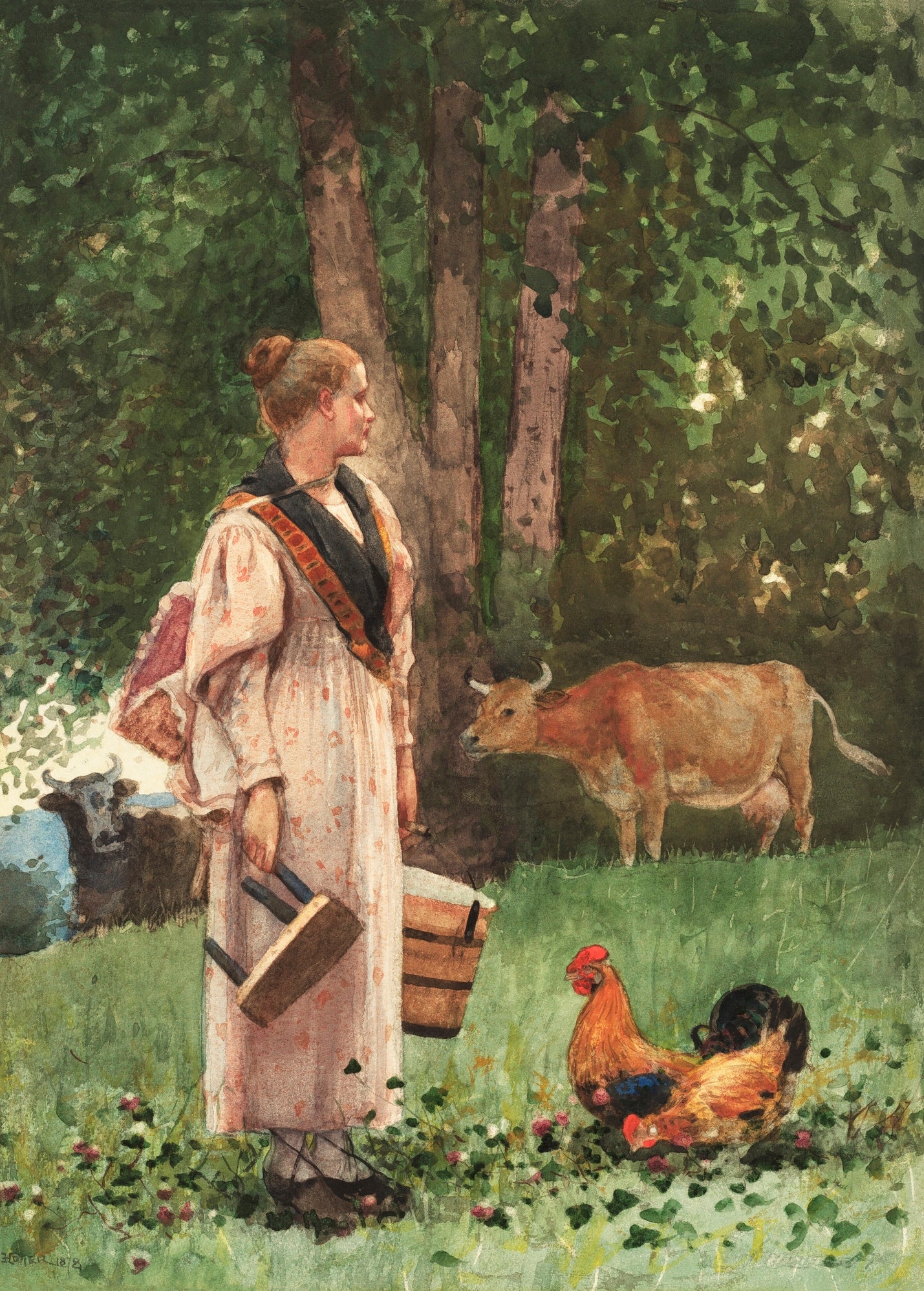 A serene oil painting titled 'The Milk Maid' by Winslow Homer, depicting a young woman tending to a cow in a sunlit pasture.