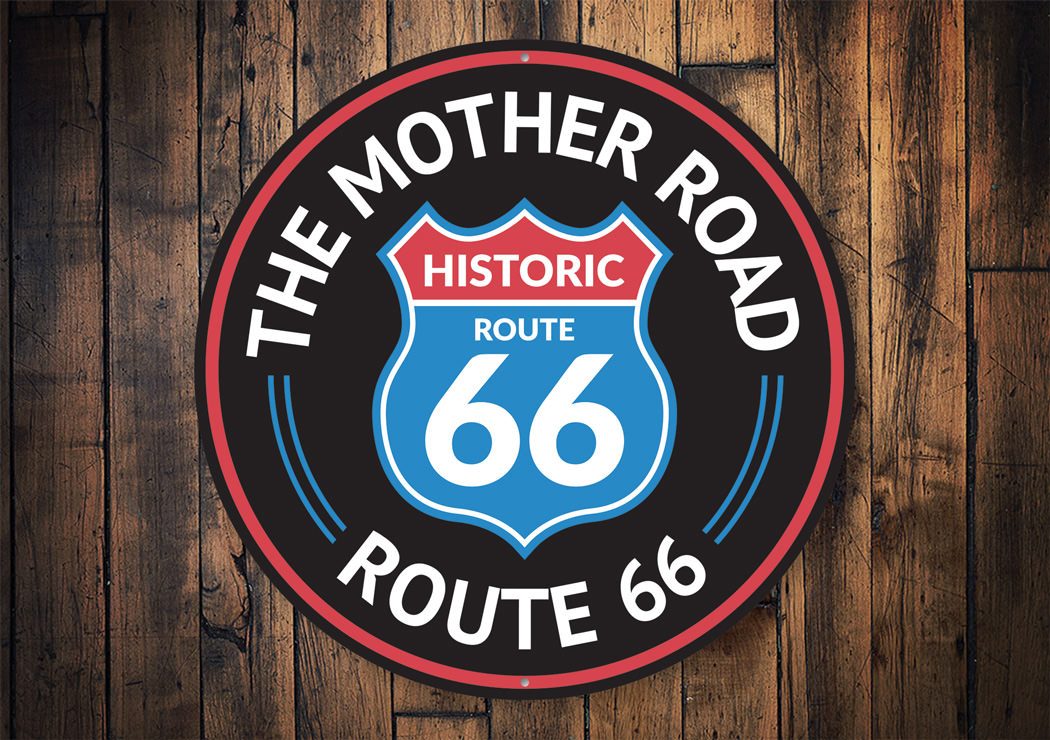 The Mother Road Historic Route 66 Sign, a decorative aluminum wall sign featuring vibrant colors and nostalgic design.