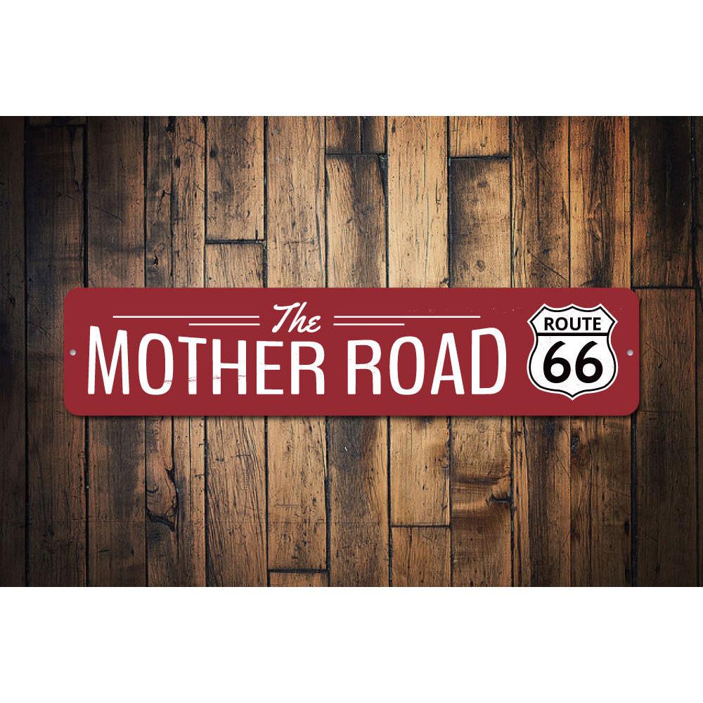 The Mother Road Route 66 Sign, a decorative aluminum sign featuring vibrant colors and iconic Route 66 design, perfect for home decor.