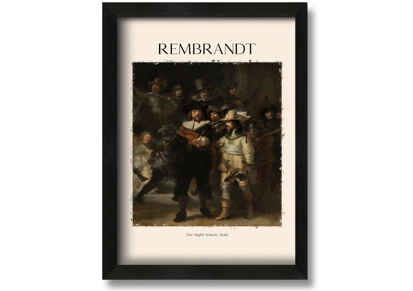 A detailed reproduction of The Night Watch by Rembrandt, printed on canvas and framed, showcasing vibrant colors and intricate details.