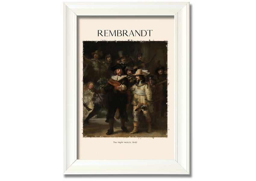 A detailed reproduction of The Night Watch by Rembrandt, printed on canvas and framed, showcasing vibrant colors and intricate details.