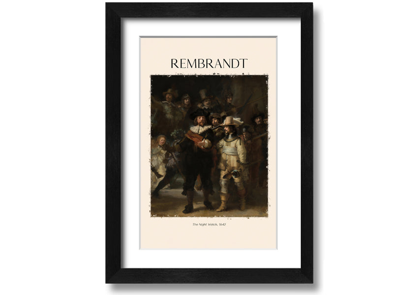 A detailed reproduction of The Night Watch by Rembrandt, printed on canvas and framed, showcasing vibrant colors and intricate details.