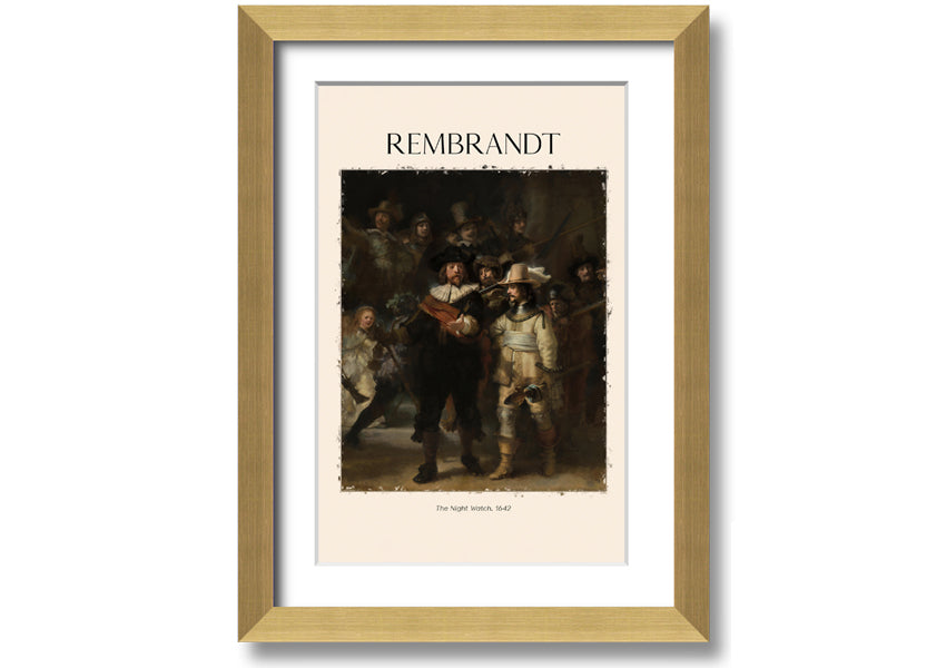 A detailed reproduction of The Night Watch by Rembrandt, printed on canvas and framed, showcasing vibrant colors and intricate details.