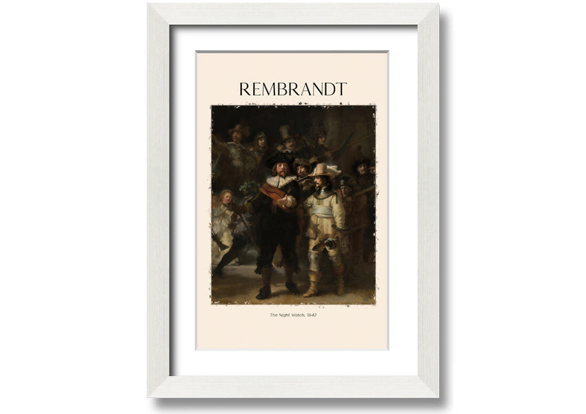 A detailed reproduction of The Night Watch by Rembrandt, printed on canvas and framed, showcasing vibrant colors and intricate details.