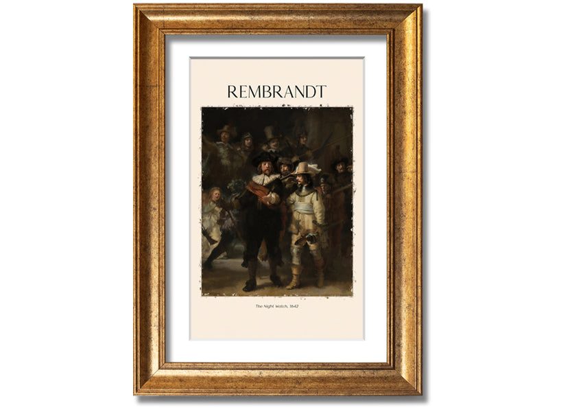 A detailed reproduction of The Night Watch by Rembrandt, printed on canvas and framed, showcasing vibrant colors and intricate details.