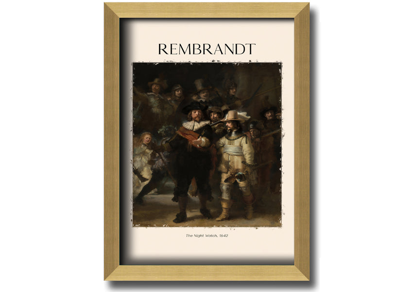 A detailed reproduction of The Night Watch by Rembrandt, printed on canvas and framed, showcasing vibrant colors and intricate details.