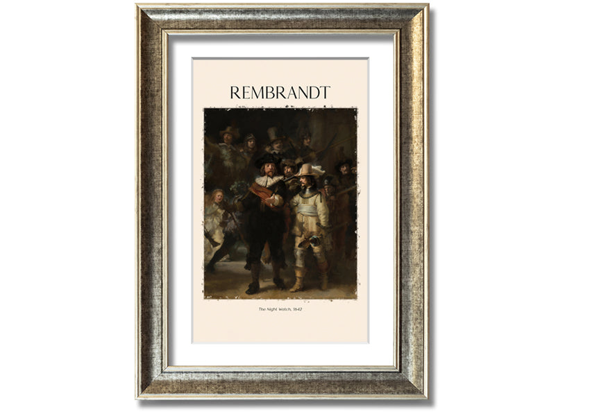 A detailed reproduction of The Night Watch by Rembrandt, printed on canvas and framed, showcasing vibrant colors and intricate details.