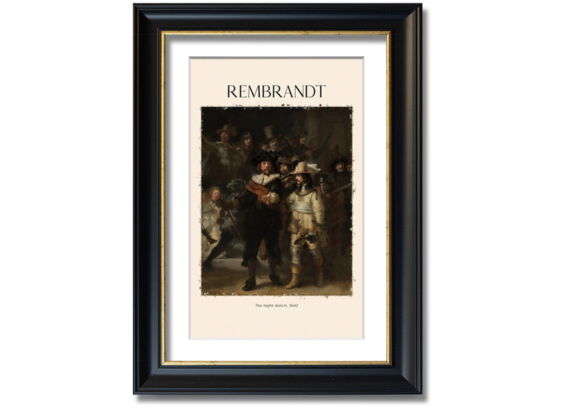 A detailed reproduction of The Night Watch by Rembrandt, printed on canvas and framed, showcasing vibrant colors and intricate details.