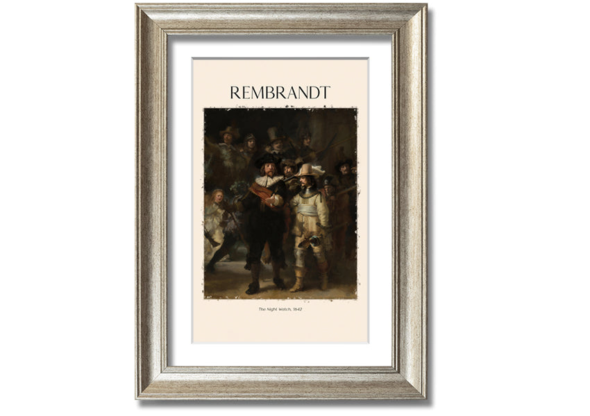 A detailed reproduction of The Night Watch by Rembrandt, printed on canvas and framed, showcasing vibrant colors and intricate details.