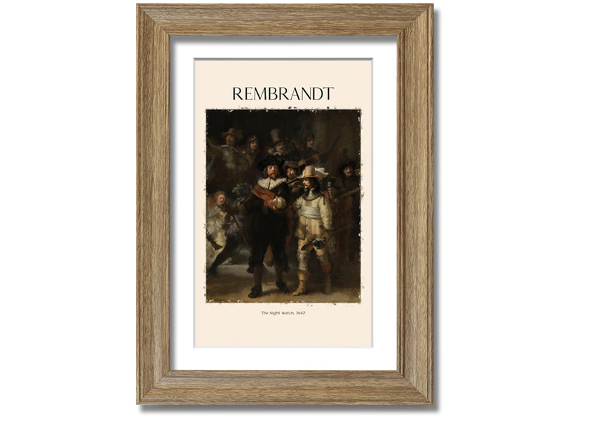 A detailed reproduction of The Night Watch by Rembrandt, printed on canvas and framed, showcasing vibrant colors and intricate details.