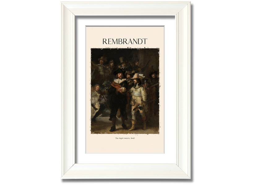 A detailed reproduction of The Night Watch by Rembrandt, printed on canvas and framed, showcasing vibrant colors and intricate details.