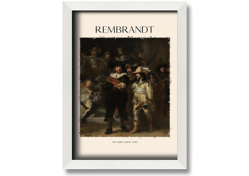 A detailed reproduction of The Night Watch by Rembrandt, printed on canvas and framed, showcasing vibrant colors and intricate details.