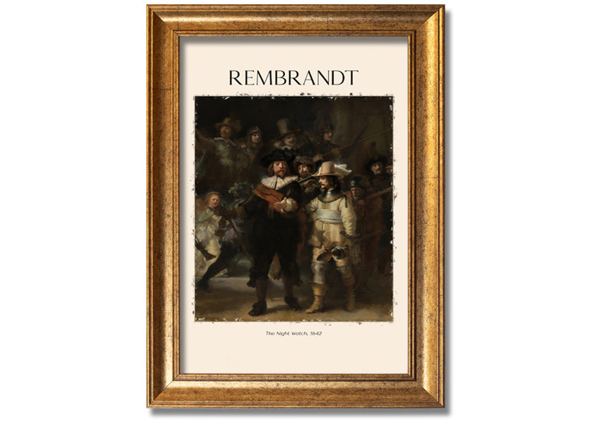 A detailed reproduction of The Night Watch by Rembrandt, printed on canvas and framed, showcasing vibrant colors and intricate details.