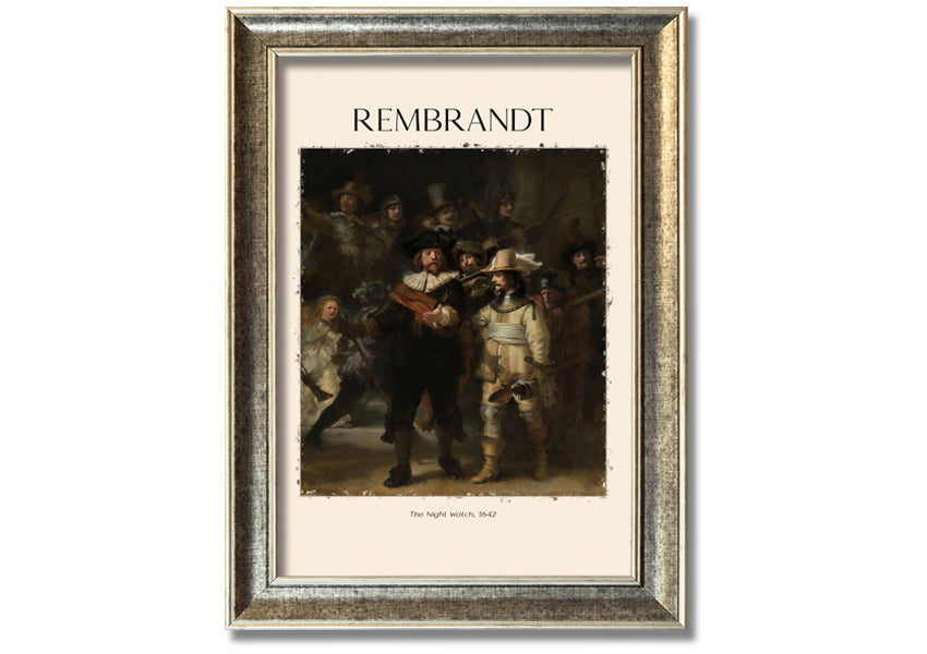 A detailed reproduction of The Night Watch by Rembrandt, printed on canvas and framed, showcasing vibrant colors and intricate details.