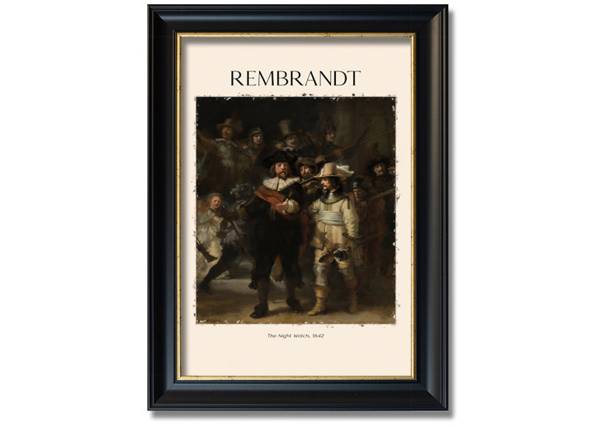 A detailed reproduction of The Night Watch by Rembrandt, printed on canvas and framed, showcasing vibrant colors and intricate details.