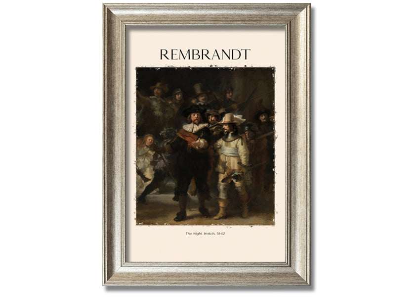 A detailed reproduction of The Night Watch by Rembrandt, printed on canvas and framed, showcasing vibrant colors and intricate details.