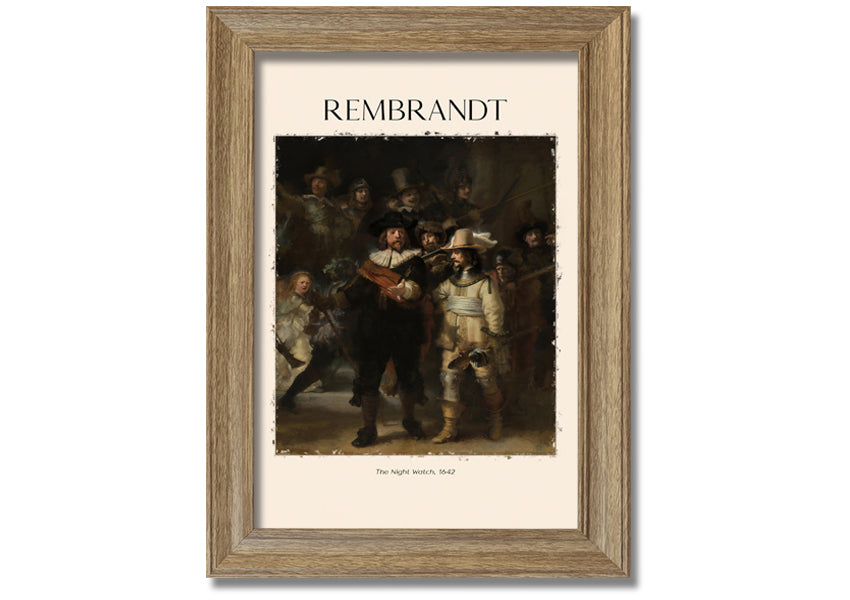 A detailed reproduction of The Night Watch by Rembrandt, printed on canvas and framed, showcasing vibrant colors and intricate details.