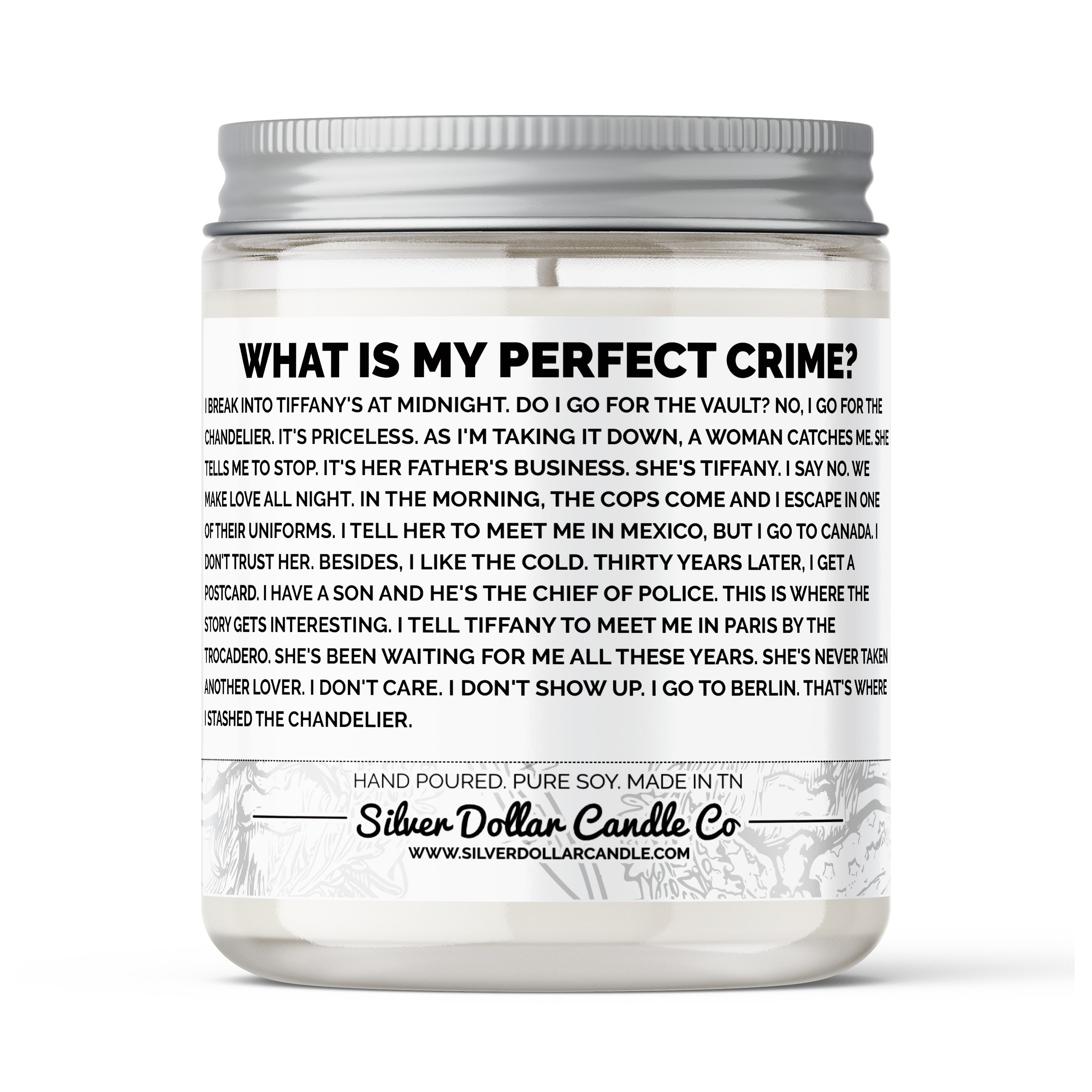 Dwight's Perfect Crime Candle featuring a humorous quote from The Office, presented in a stylish jar with a personalized lid option.