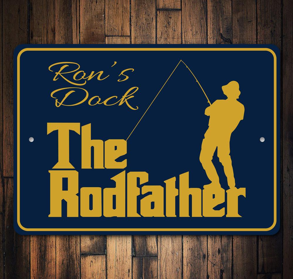 The Rodfather Fishing Sign made of high-quality aluminum, featuring humorous fishing-themed graphics, perfect for man caves and garages.