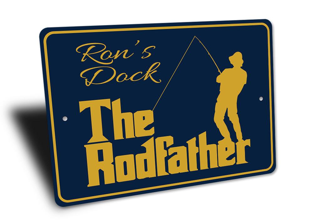 The Rodfather Fishing Sign made of high-quality aluminum, featuring humorous fishing-themed graphics, perfect for man caves and garages.