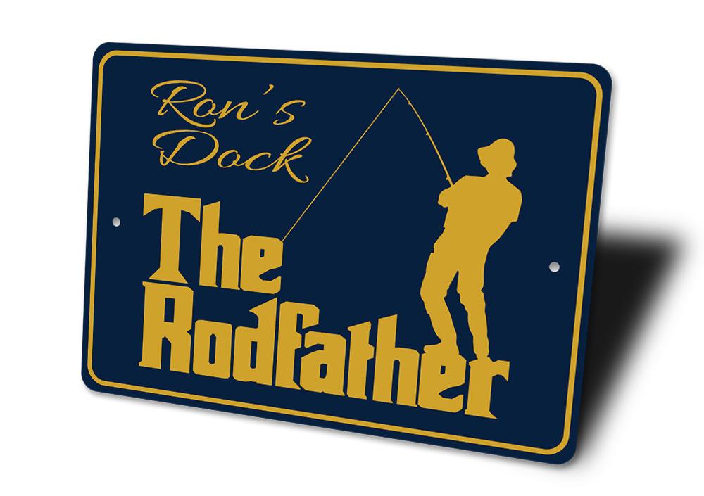 The Rodfather Fishing Sign made of high-quality aluminum, featuring humorous fishing-themed graphics, perfect for man caves and garages.