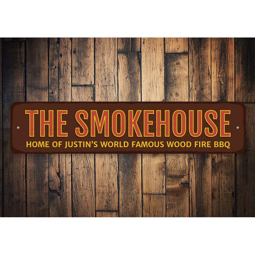 The Smokehouse Sign, a customizable aluminum decorative sign featuring a rustic design, perfect for businesses and personal gifts.