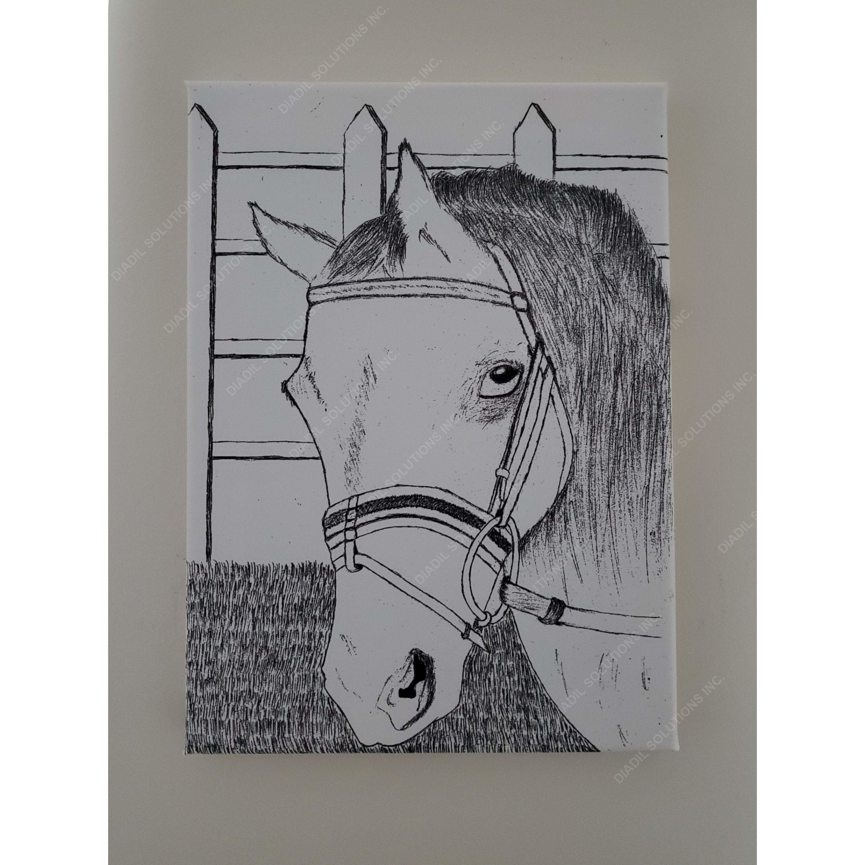 A stunning canvas artwork featuring a majestic horse staring thoughtfully, framed elegantly for display.