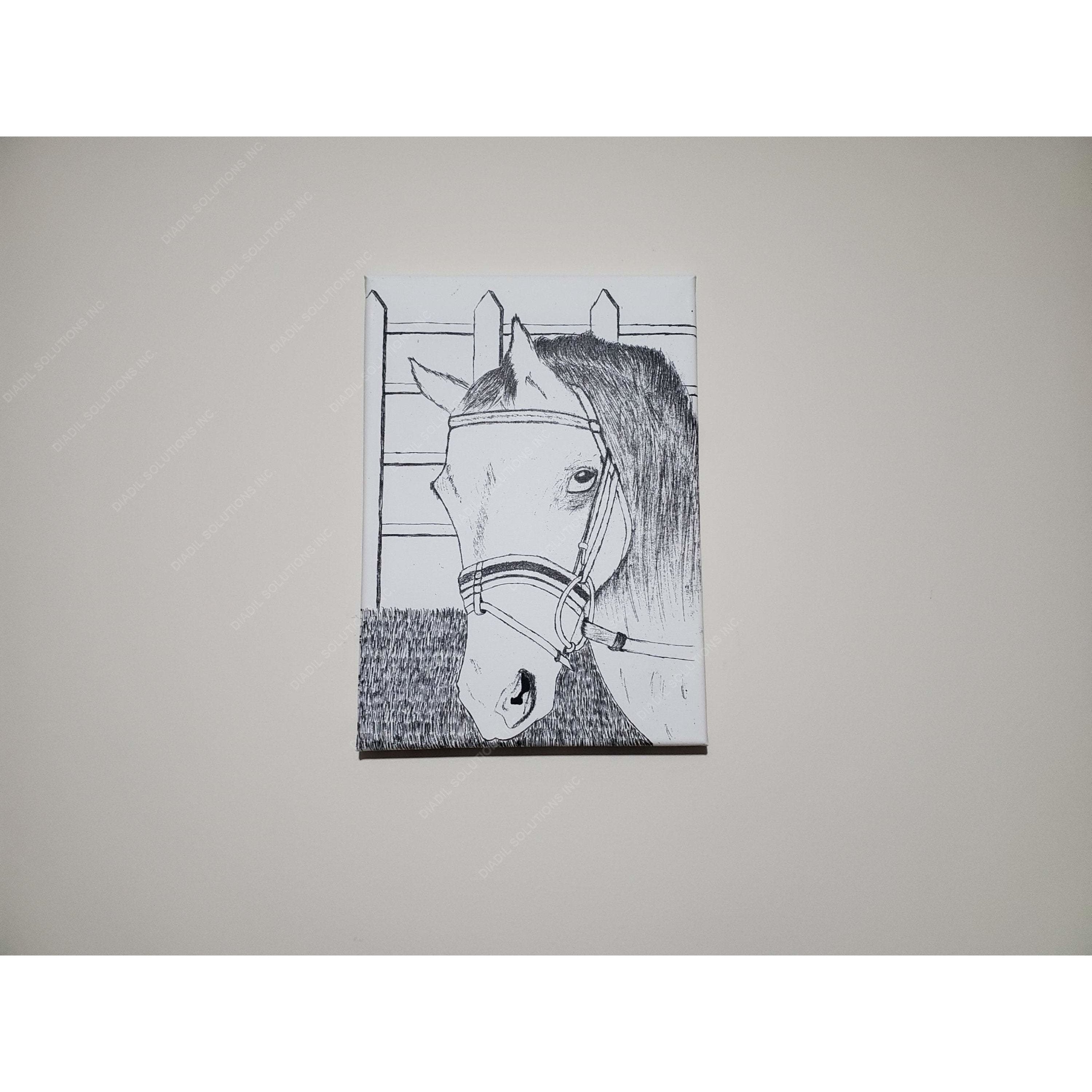 A stunning canvas artwork featuring a majestic horse staring thoughtfully, framed elegantly for display.