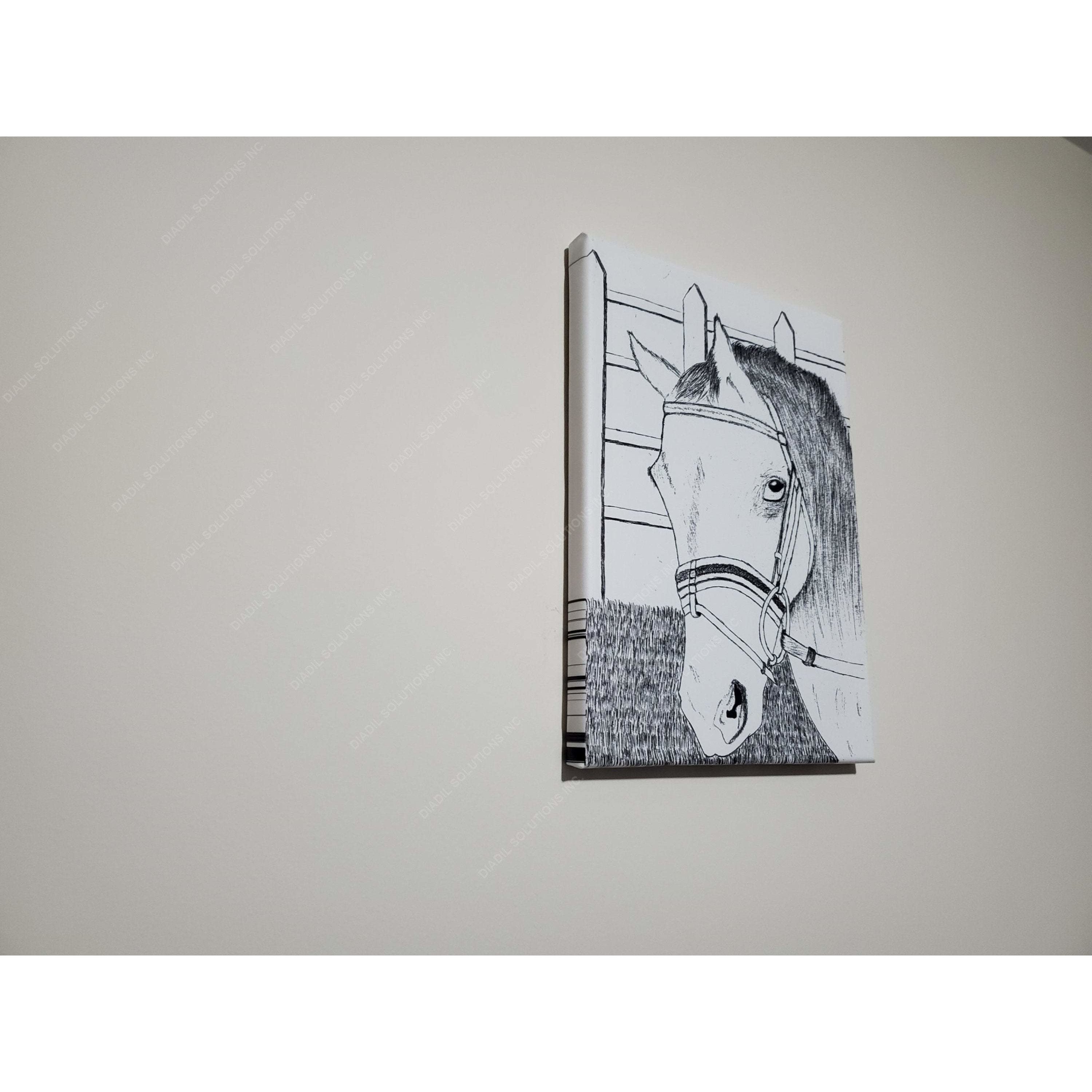 A stunning canvas artwork featuring a majestic horse staring thoughtfully, framed elegantly for display.