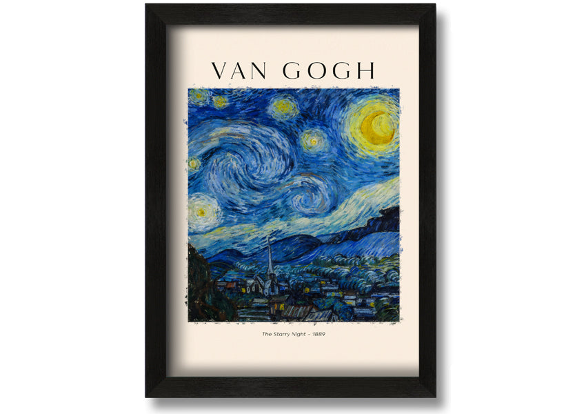 A vibrant reproduction of Van Gogh's The Starry Night, showcasing swirling stars and a peaceful village, mounted on a sturdy frame.