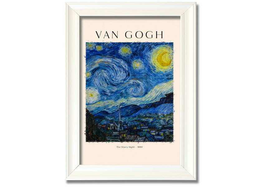 A vibrant reproduction of Van Gogh's The Starry Night, showcasing swirling stars and a peaceful village, mounted on a sturdy frame.