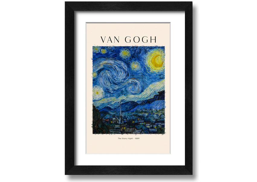 A vibrant reproduction of Van Gogh's The Starry Night, showcasing swirling stars and a peaceful village, mounted on a sturdy frame.