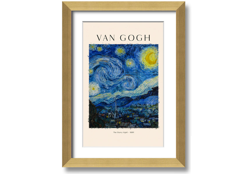 A vibrant reproduction of Van Gogh's The Starry Night, showcasing swirling stars and a peaceful village, mounted on a sturdy frame.