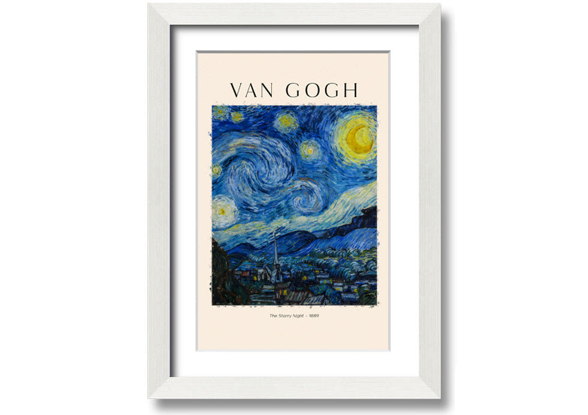 A vibrant reproduction of Van Gogh's The Starry Night, showcasing swirling stars and a peaceful village, mounted on a sturdy frame.