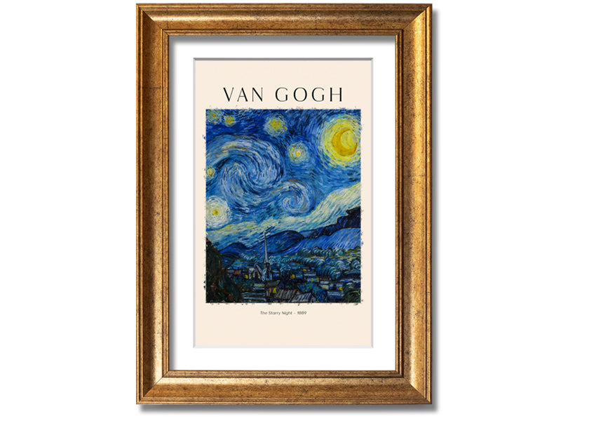 A vibrant reproduction of Van Gogh's The Starry Night, showcasing swirling stars and a peaceful village, mounted on a sturdy frame.