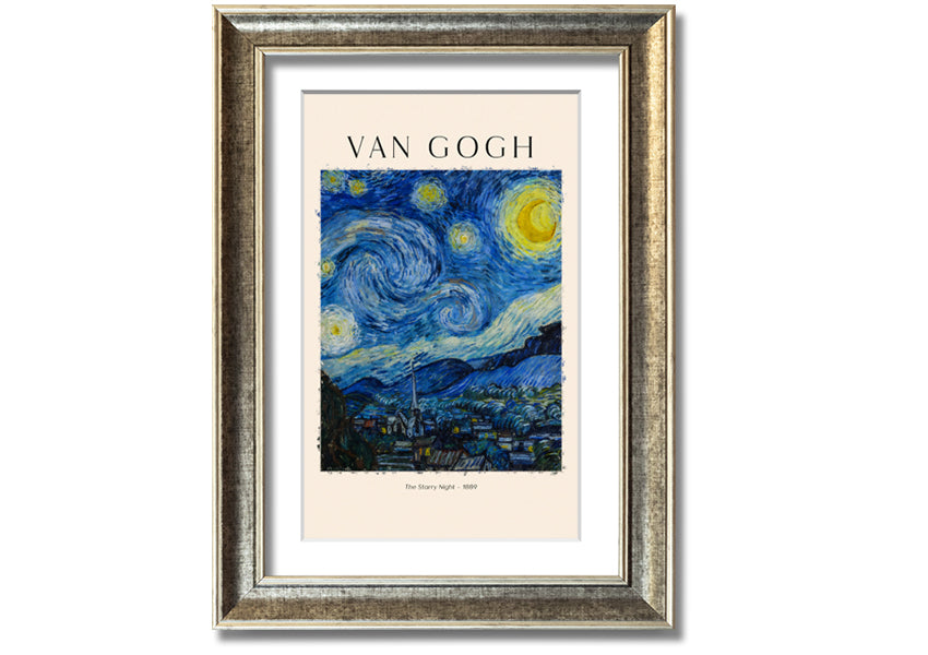 A vibrant reproduction of Van Gogh's The Starry Night, showcasing swirling stars and a peaceful village, mounted on a sturdy frame.