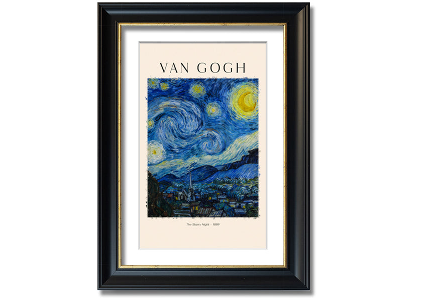 A vibrant reproduction of Van Gogh's The Starry Night, showcasing swirling stars and a peaceful village, mounted on a sturdy frame.