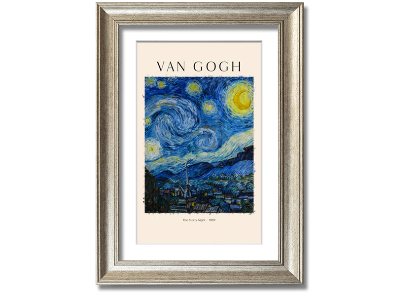 A vibrant reproduction of Van Gogh's The Starry Night, showcasing swirling stars and a peaceful village, mounted on a sturdy frame.