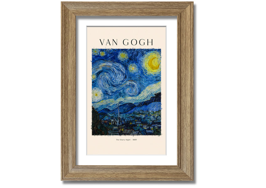 A vibrant reproduction of Van Gogh's The Starry Night, showcasing swirling stars and a peaceful village, mounted on a sturdy frame.