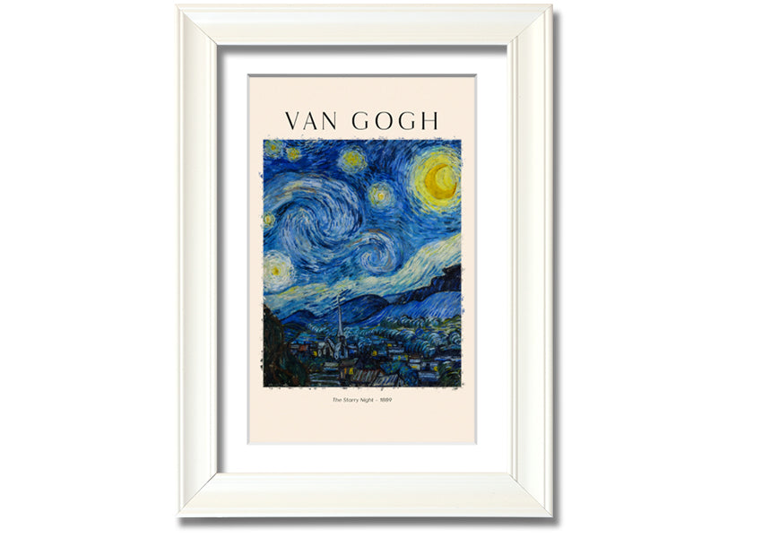 A vibrant reproduction of Van Gogh's The Starry Night, showcasing swirling stars and a peaceful village, mounted on a sturdy frame.