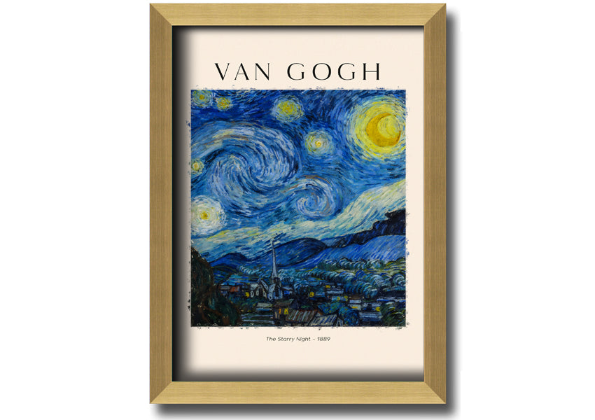 A vibrant reproduction of Van Gogh's The Starry Night, showcasing swirling stars and a peaceful village, mounted on a sturdy frame.