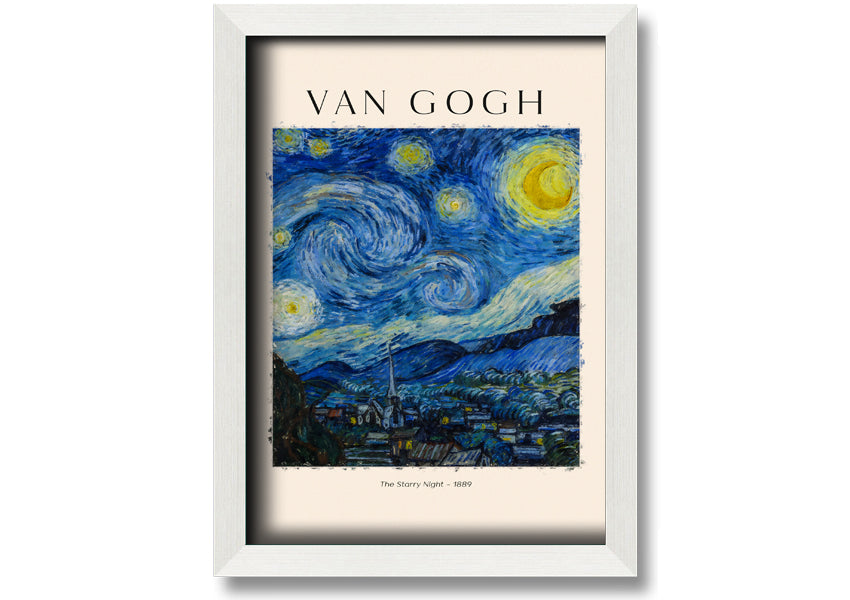 A vibrant reproduction of Van Gogh's The Starry Night, showcasing swirling stars and a peaceful village, mounted on a sturdy frame.