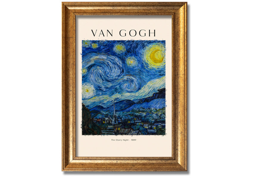 A vibrant reproduction of Van Gogh's The Starry Night, showcasing swirling stars and a peaceful village, mounted on a sturdy frame.