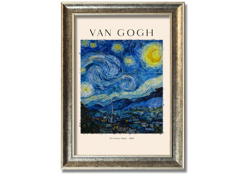 A vibrant reproduction of Van Gogh's The Starry Night, showcasing swirling stars and a peaceful village, mounted on a sturdy frame.