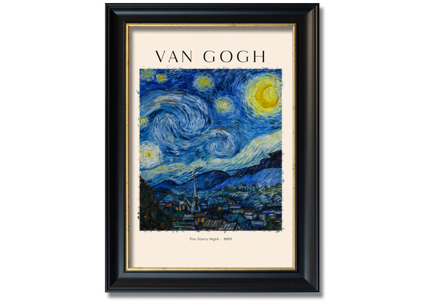 A vibrant reproduction of Van Gogh's The Starry Night, showcasing swirling stars and a peaceful village, mounted on a sturdy frame.